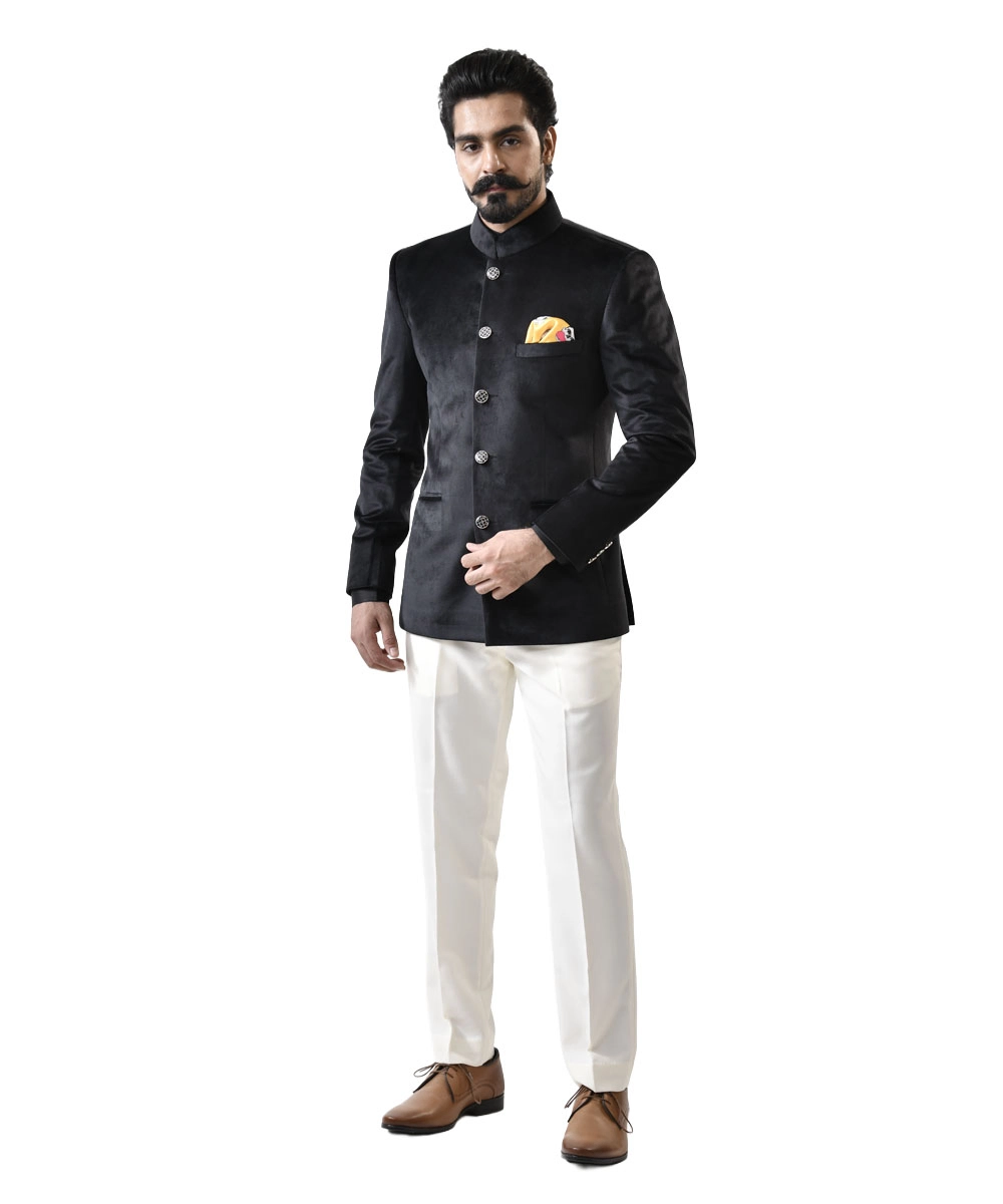 Shop-Men-Black-Velvet-Bandhgala-with-White-Pant Black Velvet Bandhgala with White Pant – Combo Set - Image 1