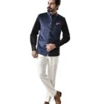 Navy Blue Velvet Bundi with Black Shirt and White Pant – Combo Set