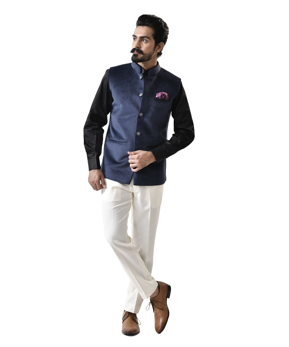 Shop-Mens-Blue-Velvet-Nehru-Jacket-with-Black-Shirt-and-White-Pant Navy Blue Velvet Bundi with Black Shirt and White Pant – Combo Set - Image 1