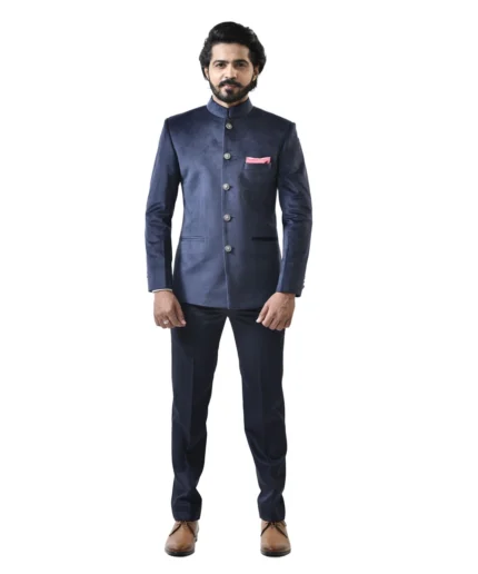 Navy Blue Velvet Bandhgala with Navy Blue Pant – Combo Set