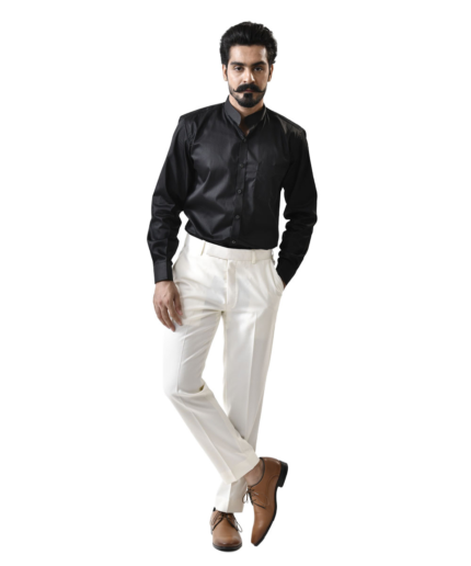Black Mandarin Collar Shirt with White Pant – Combo Set