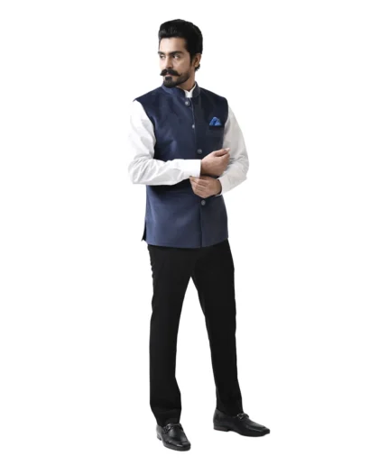Navy Blue Velvet Bundi with White Shirt and Black Pant – Combo Set
