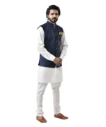Navy Blue Velvet Bundi with White Kurta and White Pajama – Combo Set - Image 2