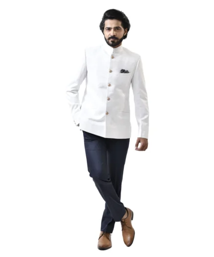 White Bandhgala with Navy Blue Pant – Combo Set